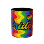 LGBTQ+ Pride mug with vibrant rainbow design and heart symbol, 11oz ceramic, dishwasher safe.