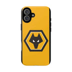 Wolves FC MagSafe iPhone case with gold and black team colors and wolf crest, dual-layer protection, MagSafe compatible.