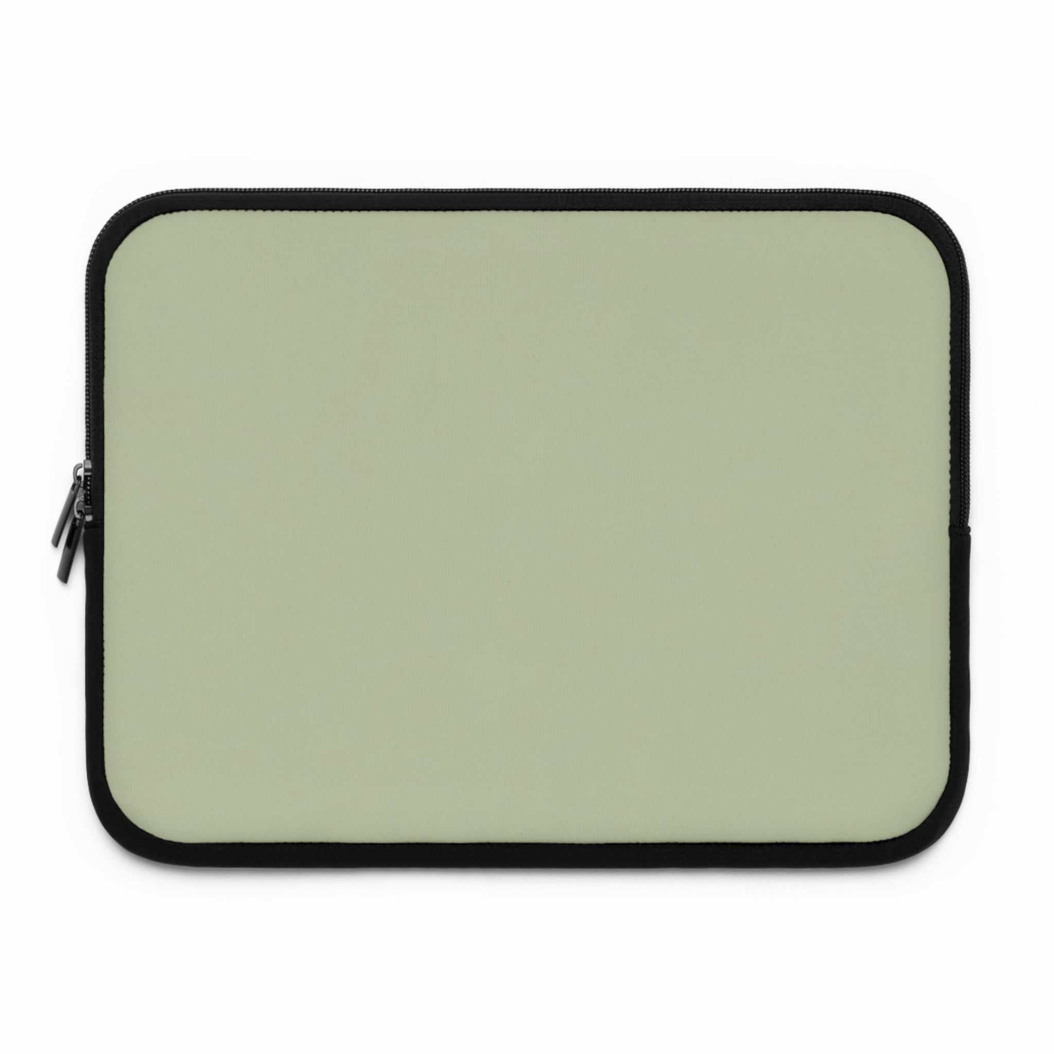 Sage green neoprene laptop sleeve with black trim, soft foam lining, dual zipper, lightweight waterproof design for 13-17 inch laptops