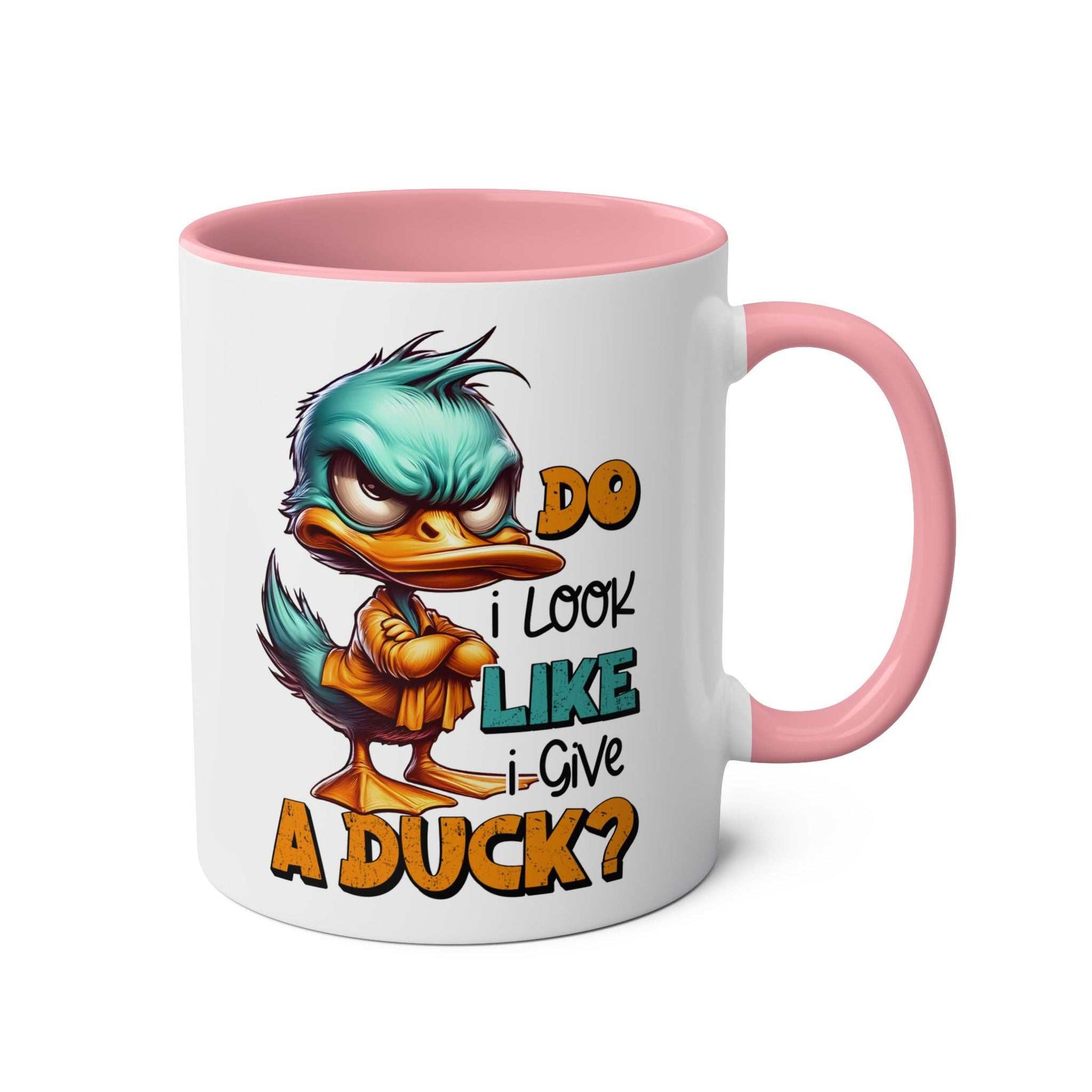 Quirky duck design on Give A Duck Coffee Mug with pink interior and handle.