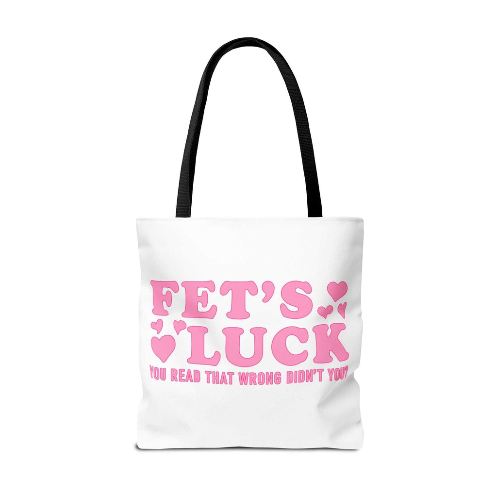 Pink heart tote bag with cheeky fun design and multiple handle color options