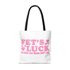 Pink heart tote bag with cheeky fun design and multiple handle color options