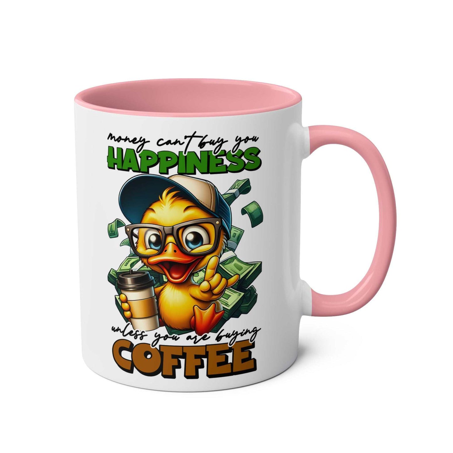 Happiness Coffee Mug with cheerful duck illustration and pink handle.