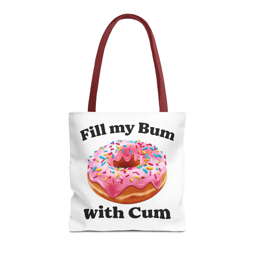 Provocative donut tote bag with cheeky, fun design and colorful handles made of durable spun polyester.