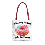 Provocative donut tote bag with cheeky, fun design and colorful handles made of durable spun polyester.