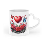 Gorgeous Valentines Day mug with heart-shaped handle, vibrant design, and 11oz ceramic build.
