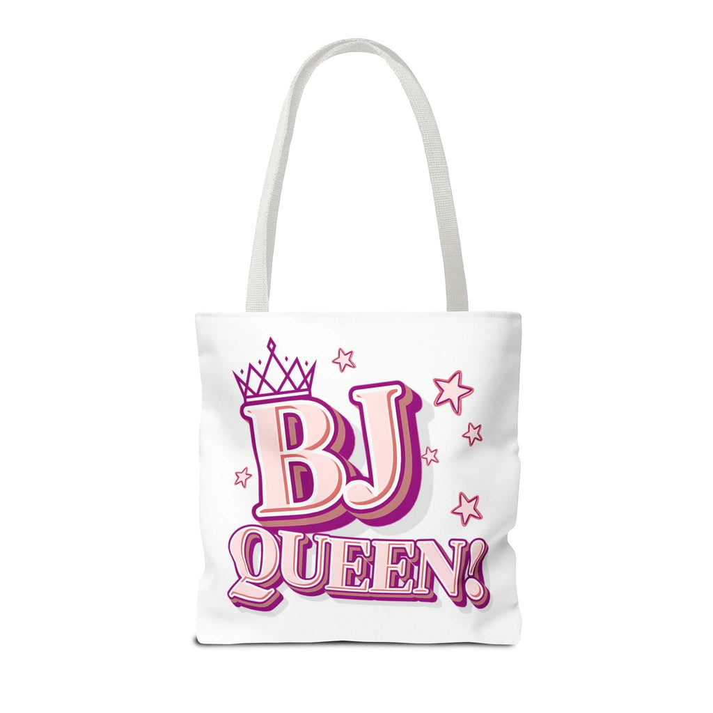 BJ Queen Tote Bag with cheeky design, durable spun polyester, multiple sizes and handle colors, perfect for daily use