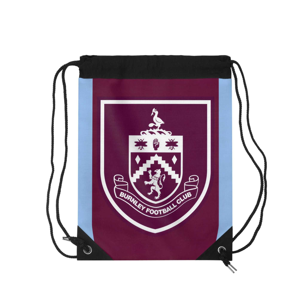 Burnley FC drawstring bag in claret and blue with club crest, lightweight polyester and secure closure.