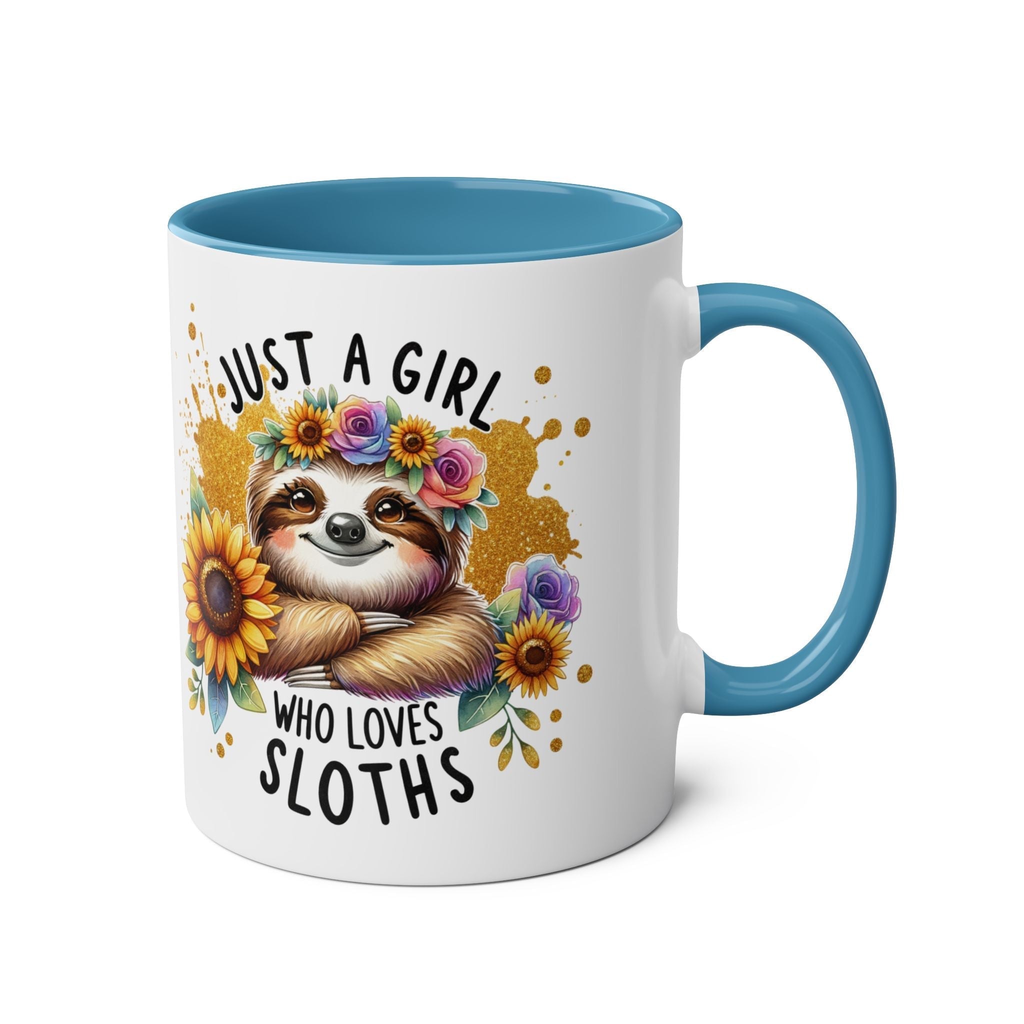 Cute sloth coffee mug with floral design, blue handle, and “Just a Girl Who Loves Sloths” text.