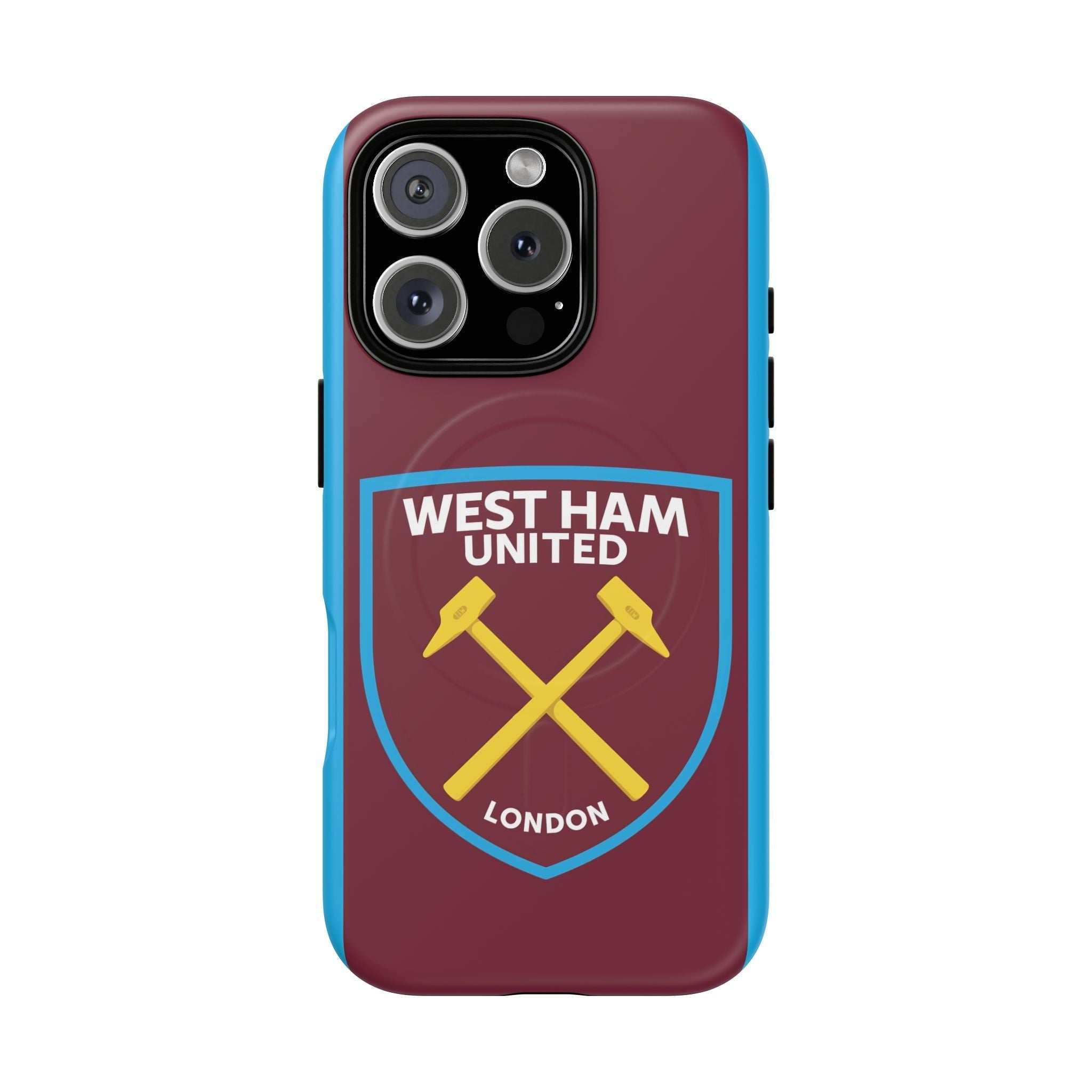 West Ham Utd MagSafe iPhone case with claret and blue colors and official-inspired crest, shock-absorbing dual layer protection, and wireless charging compatible.