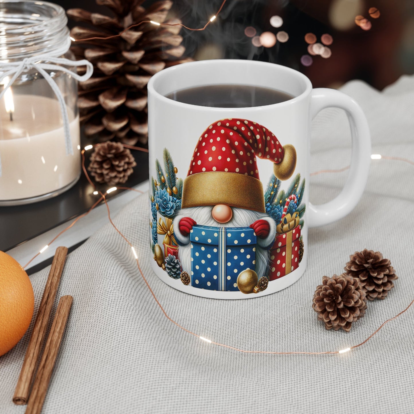 Christmas Gnome Mug with festive design, 11oz ceramic, glossy finish, microwave and dishwasher safe.