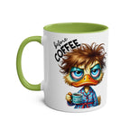 Fun sarcastic coffee mug with cartoon character, green handle and rim, 11oz ceramic.