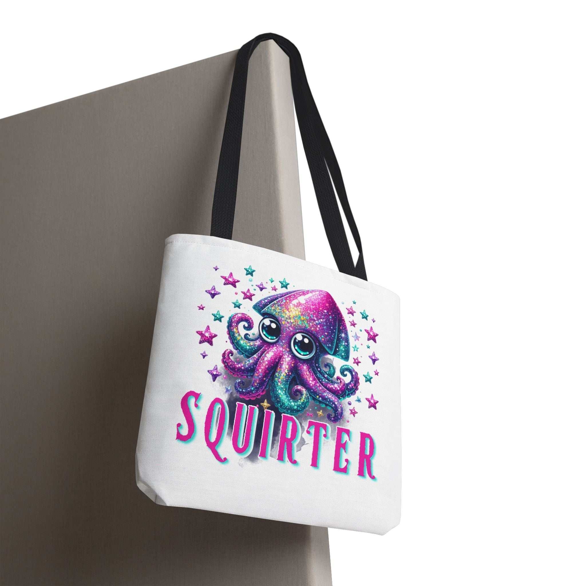 Squirter Squid Tote Bag with cheeky design, durable spun polyester, and multiple handle color options for everyday use