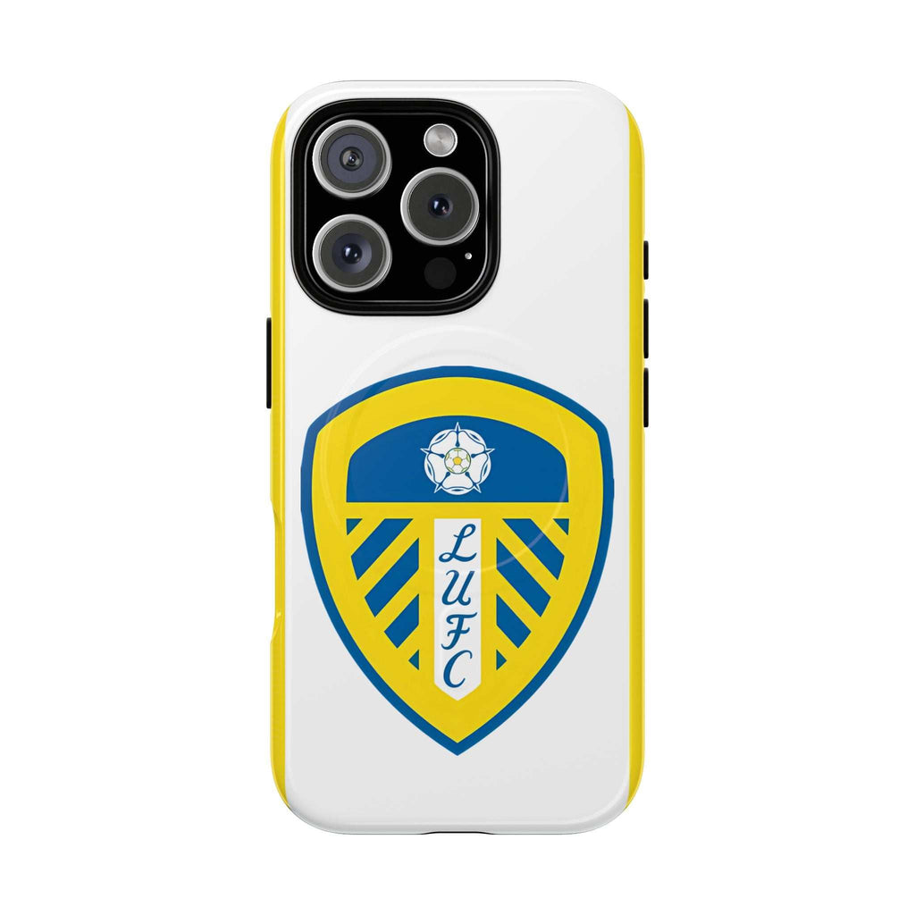 Leeds Utd MagSafe iPhone case with white and yellow design featuring club crest, dual layer protection, and MagSafe compatibility