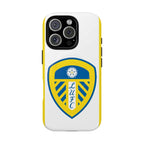 Leeds Utd MagSafe iPhone case with white and yellow design featuring club crest, dual layer protection, and MagSafe compatibility
