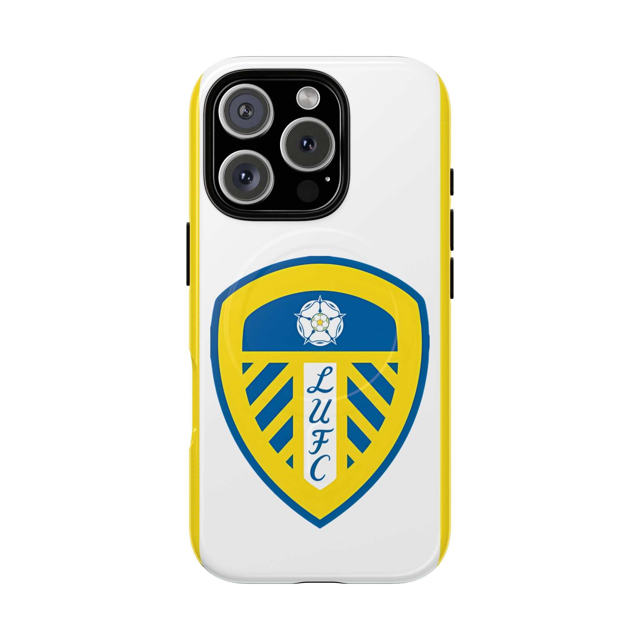 Leeds Utd MagSafe iPhone case with white and yellow design featuring club crest, dual layer protection, and MagSafe compatibility
