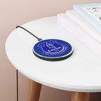 Everton FC wireless charger with blue and white crest, 10W fast charging for Qi-enabled phones, durable aluminum casing, 10cm surface