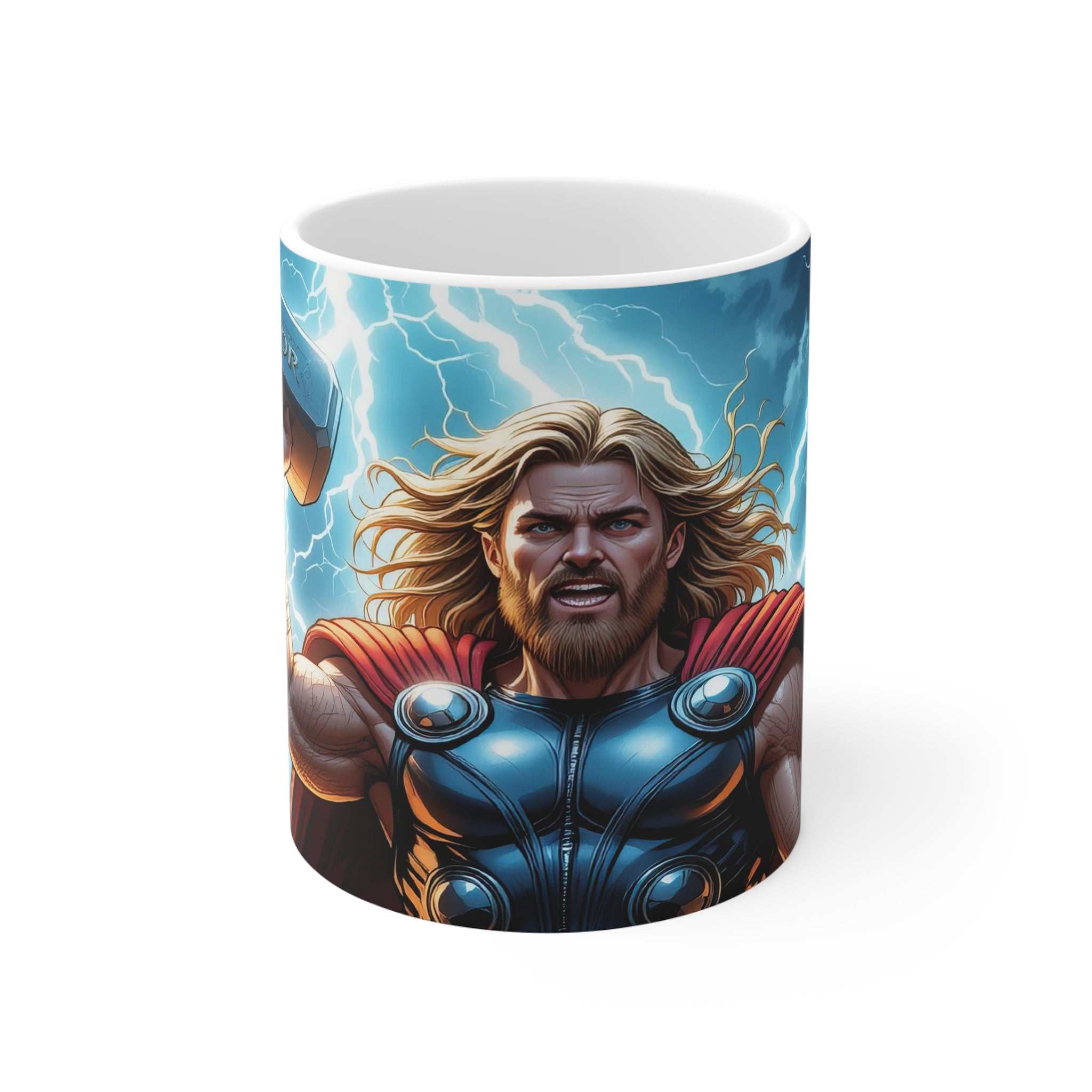 Thor-Inspired Marvel superhero ceramic mug with bold God of Thunder design, 11oz, glossy finish, microwave and dishwasher safe