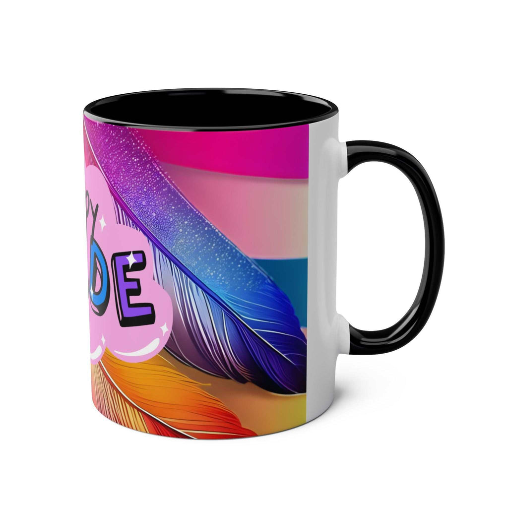 Vibrant LGBTQ+ Pride mug with rainbow design, 11oz ceramic, microwave and dishwasher safe.
