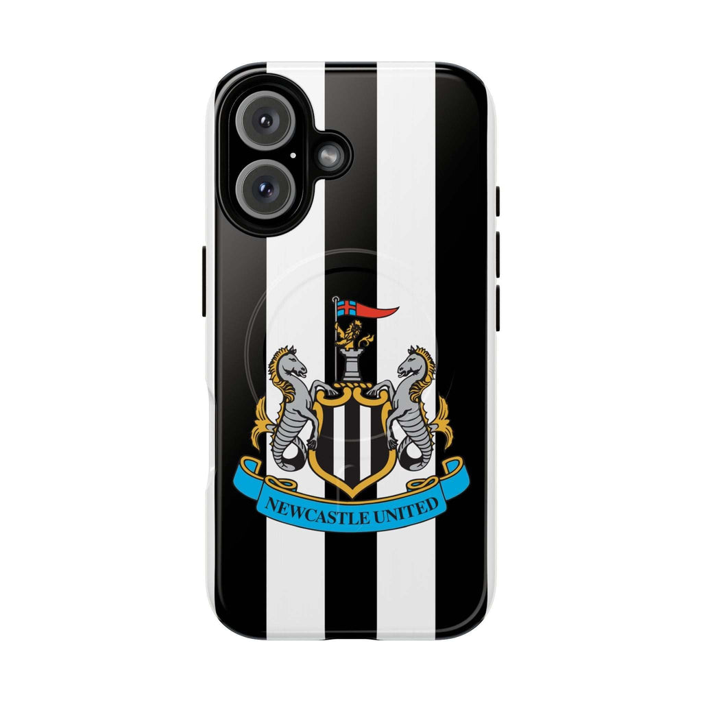 Newcastle United Magsafe iPhone Case with black and white stripes and club crest, dual-layer protection, and MagSafe compatibility