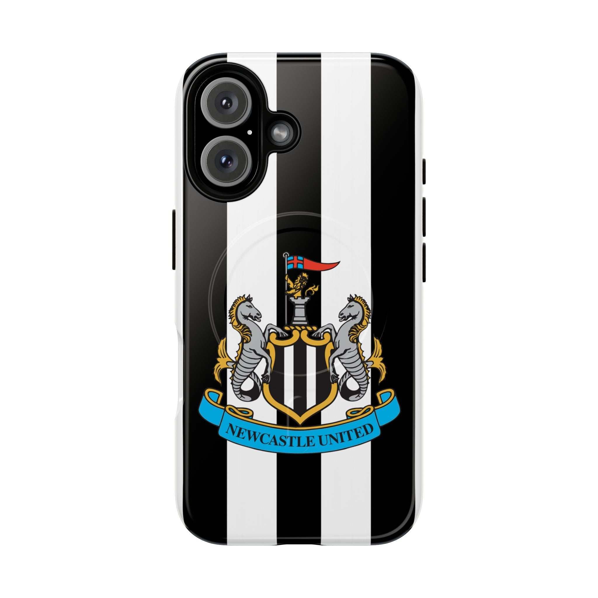 Newcastle United Magsafe iPhone Case with black and white stripes and club crest, dual-layer protection, and MagSafe compatibility