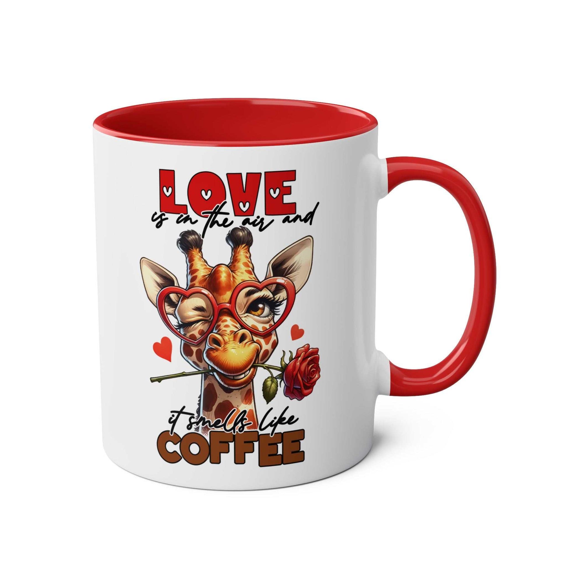 Giraffe design coffee mug with red interior and handle, featuring "Love is in the air and it smells like coffee."