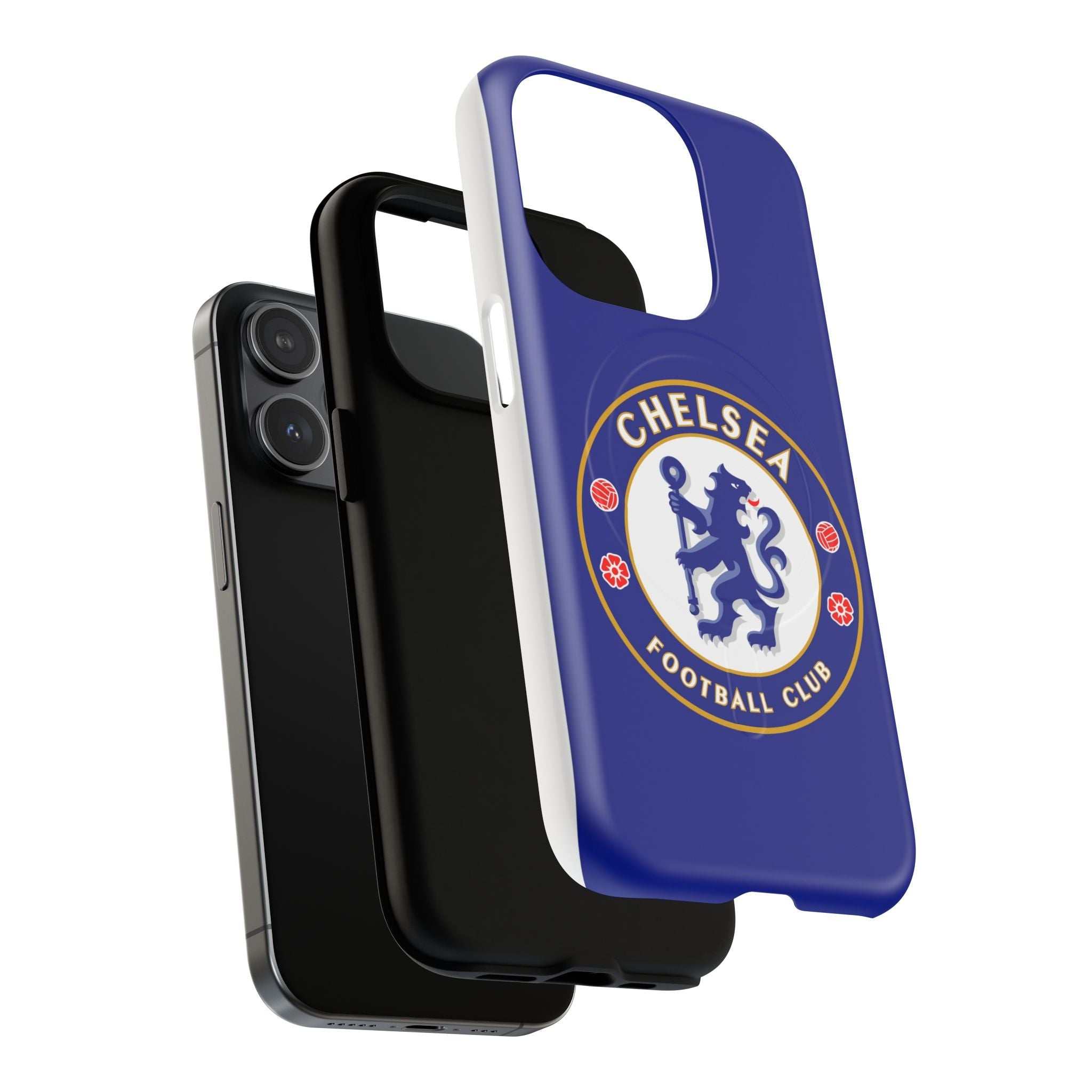 Chelsea FC MagSafe iPhone case with royal blue color and official-inspired crest, dual-layer protective design, and wireless charging compatibility
