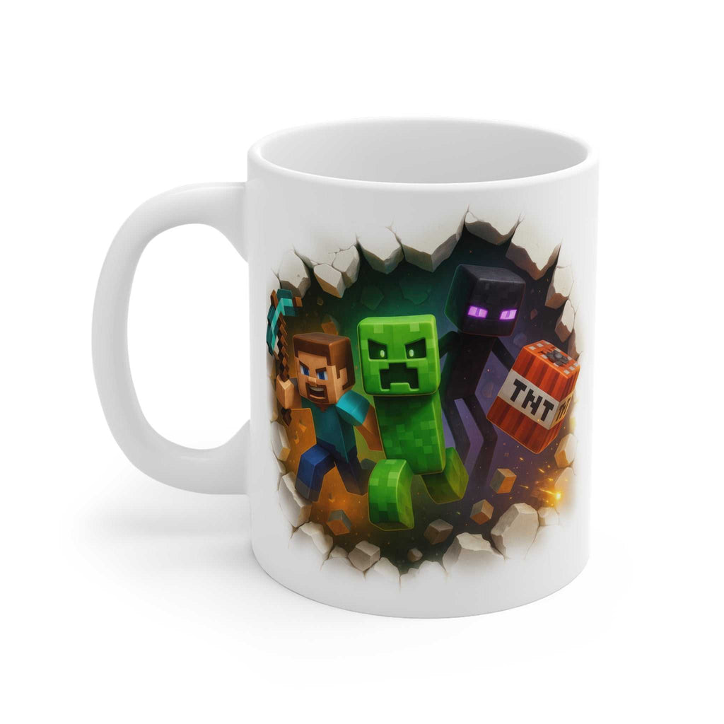White ceramic Minecraft themed mug featuring characters Steve, Creeper, and Enderman holding TNT with a cracked wall design, 11oz glossy finish, microwave and dishwasher safe.