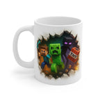 White ceramic Minecraft themed mug featuring characters Steve, Creeper, and Enderman holding TNT with a cracked wall design, 11oz glossy finish, microwave and dishwasher safe.