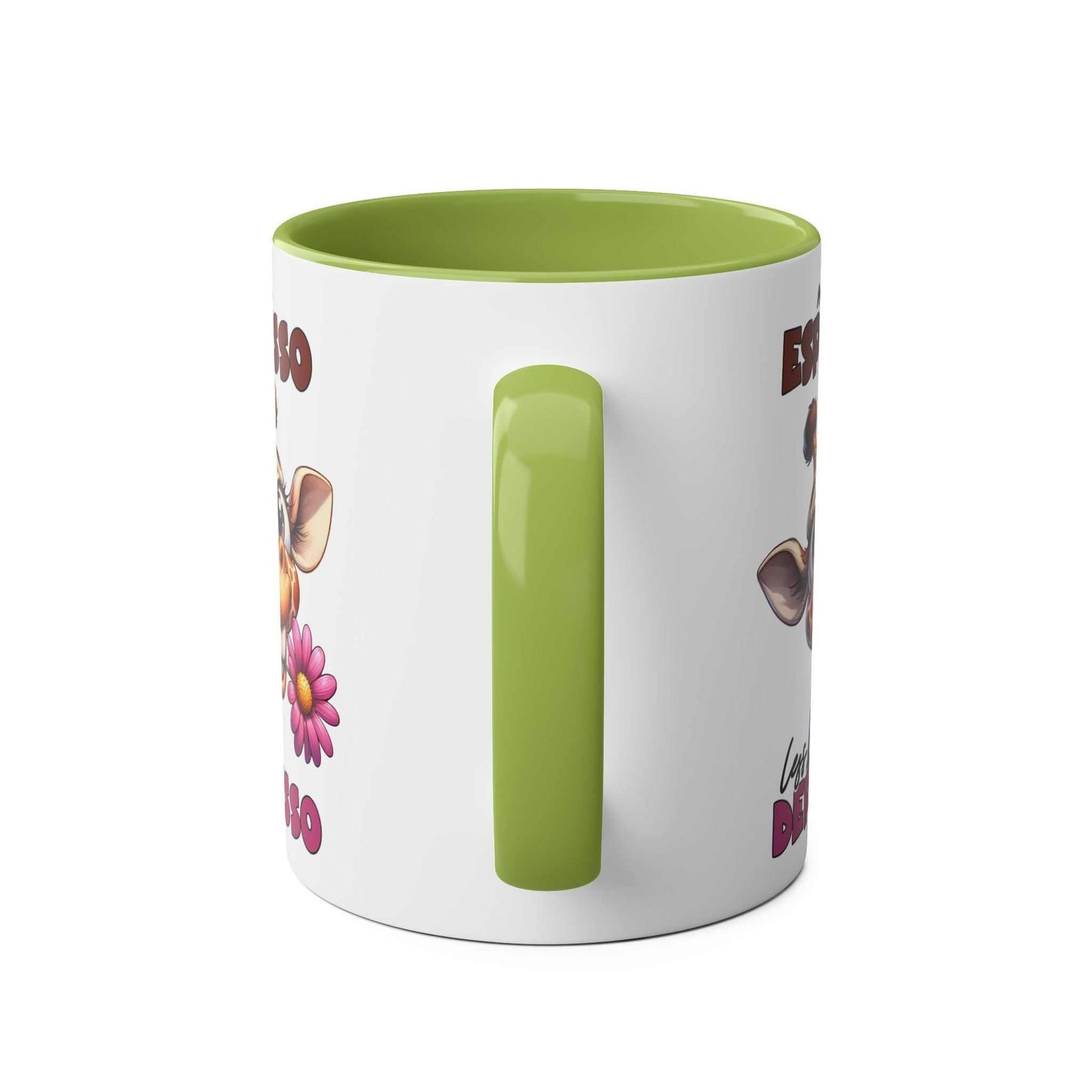 Giraffe design More Expresso Coffee Mug with green handle, 11oz ceramic, glossy finish.