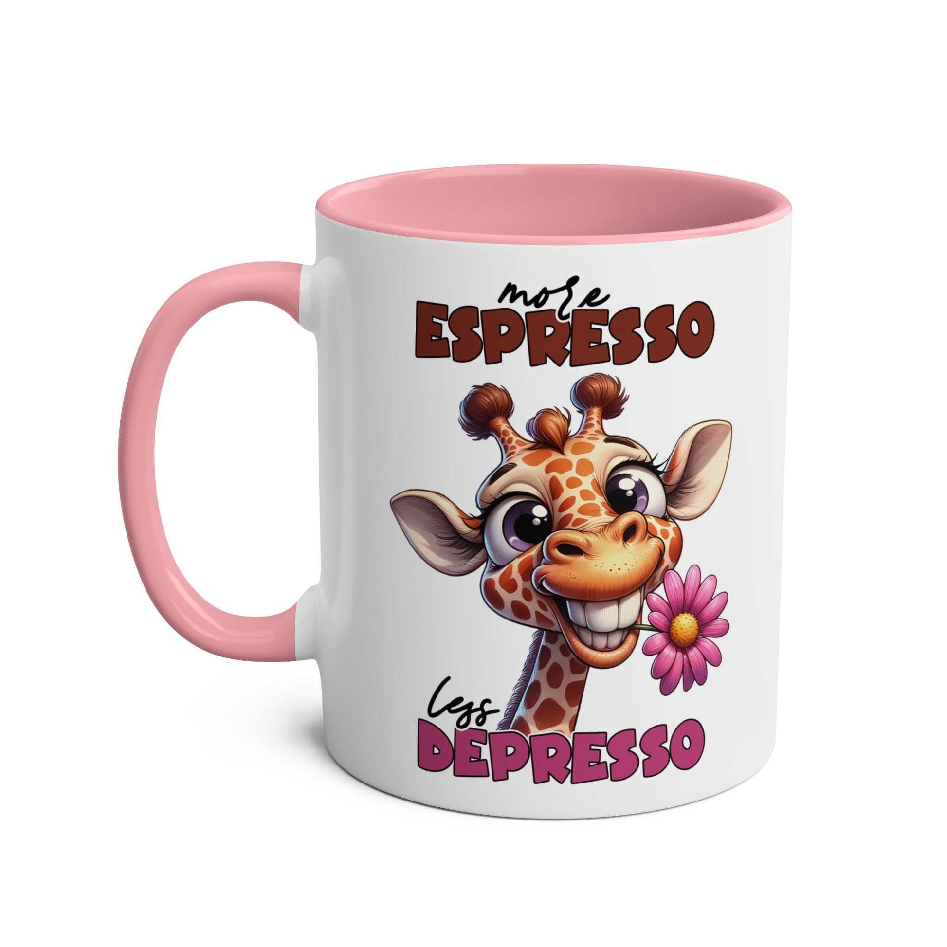 Giraffe design coffee mug with "More Expresso Less Depresso" text, pink handle.