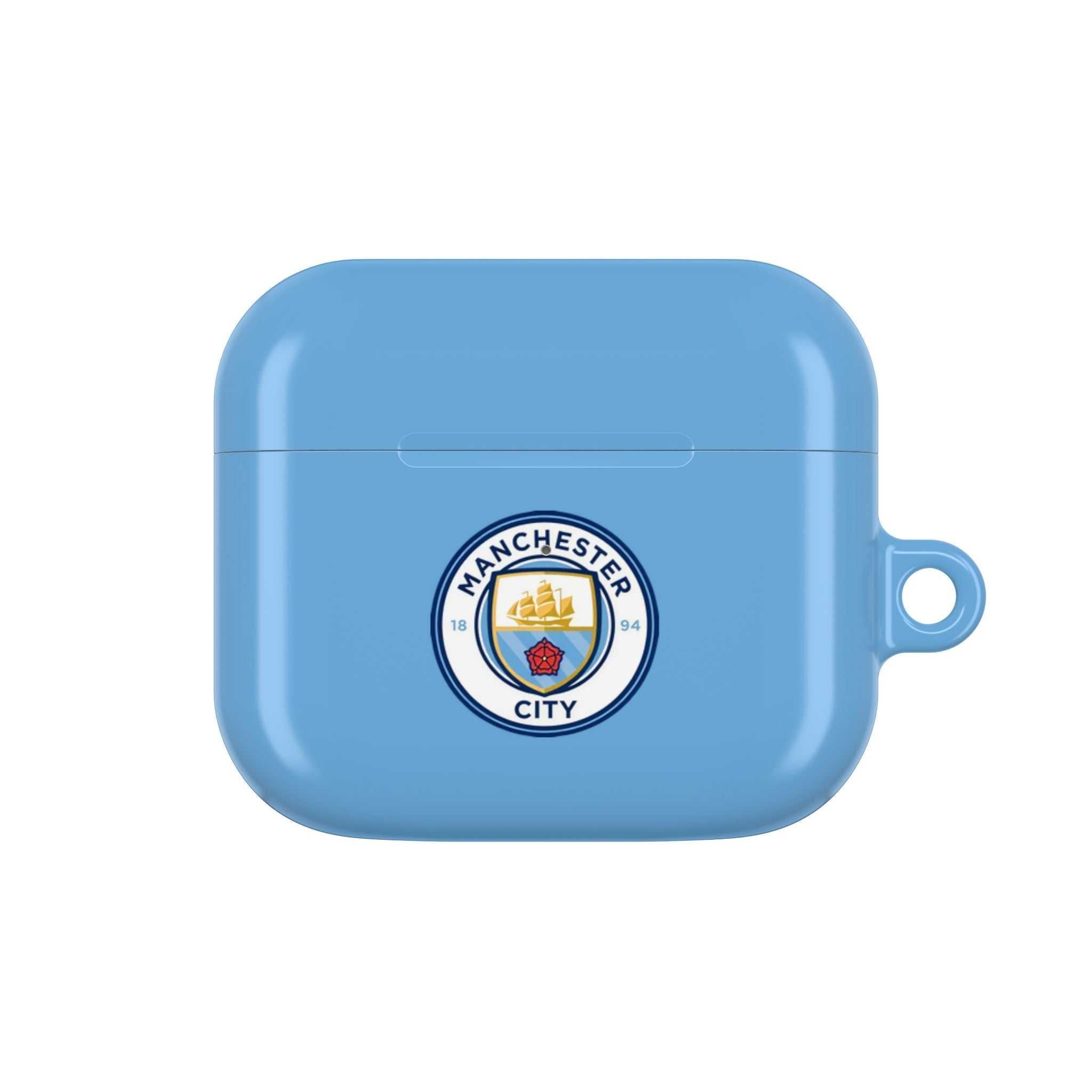 Manchester City FC AirPods protective case in sky blue with club crest, shock-resistant and wireless charging compatible