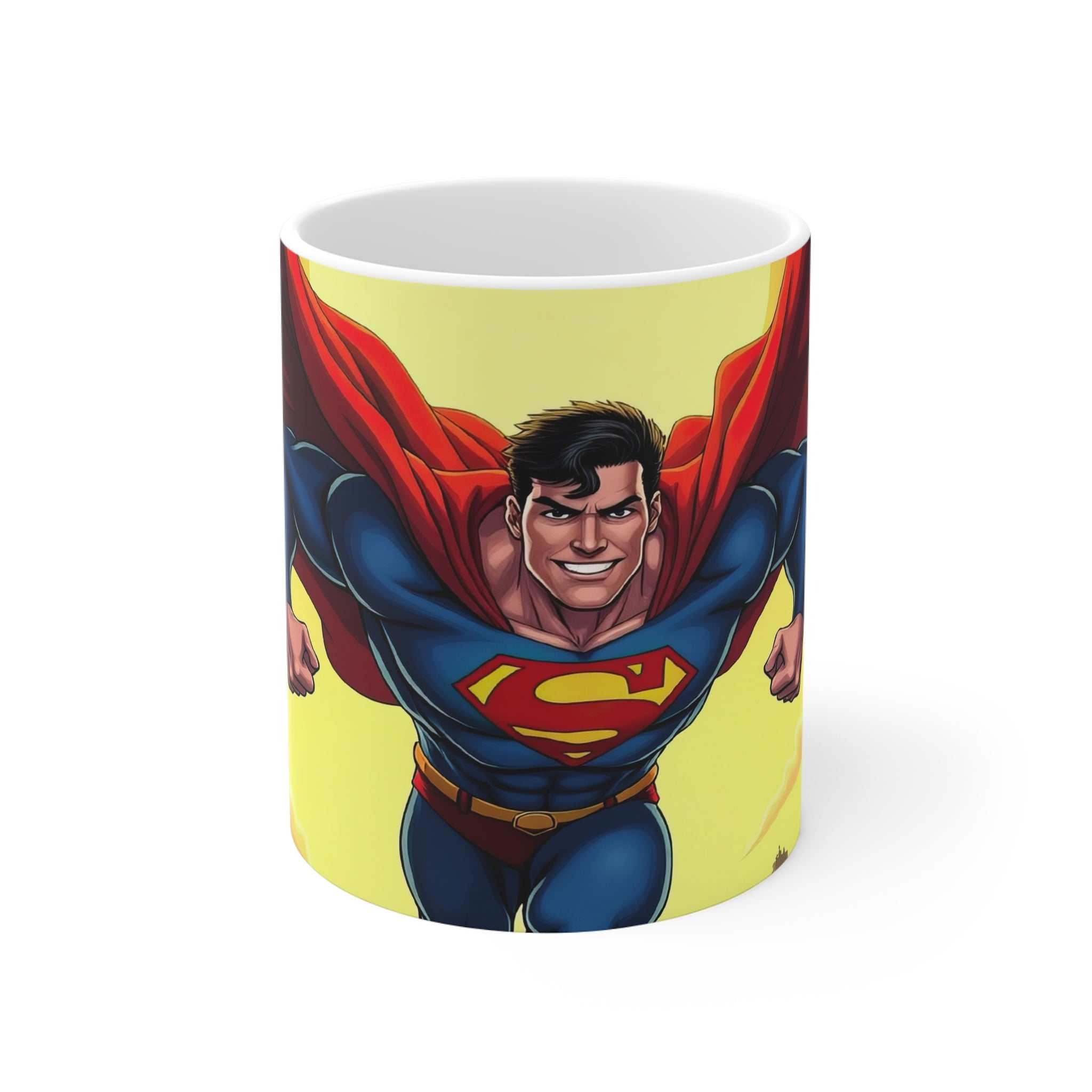 Superman themed mug with vibrant superhero design, glossy finish, 11oz ceramic, microwave and dishwasher safe