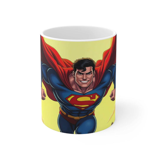 Superman themed superhero mug with vibrant colors and glossy finish.