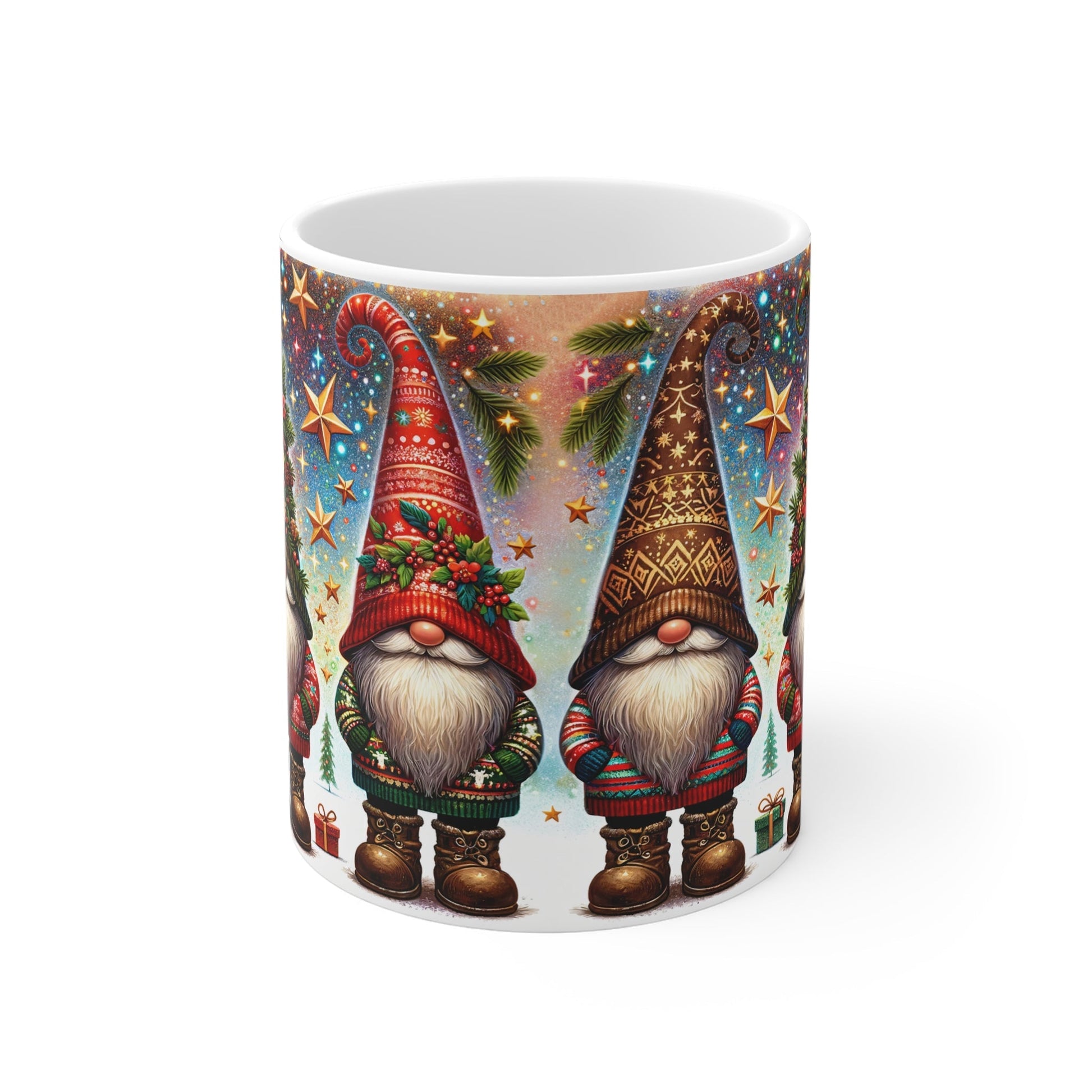 Christmas Gnome Mug with festive design, perfect for holiday drinks, 11oz ceramic, microwave and dishwasher safe.