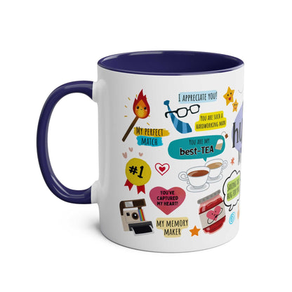 Husband Fathers Day Gift Mug with fun graphics, blue handle, and glossy finish.