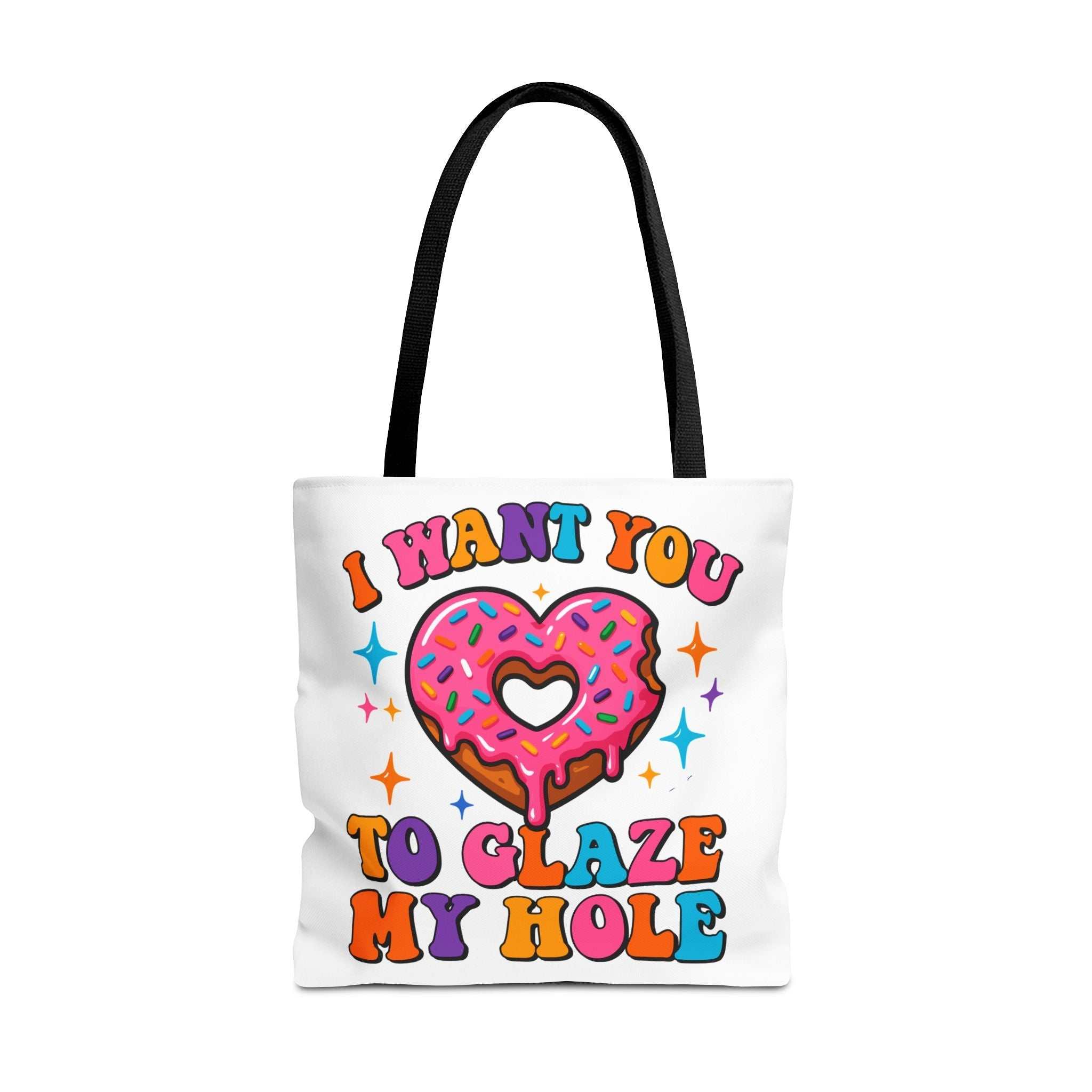 Glaze My Hole Donut Tote Bag with cheeky design and colorful handles
