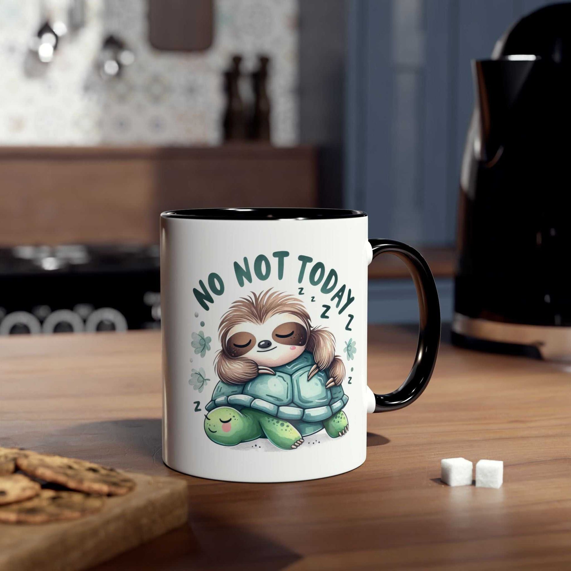 Cute sloth coffee mug with "No Not Today" design in a cozy kitchen setting.