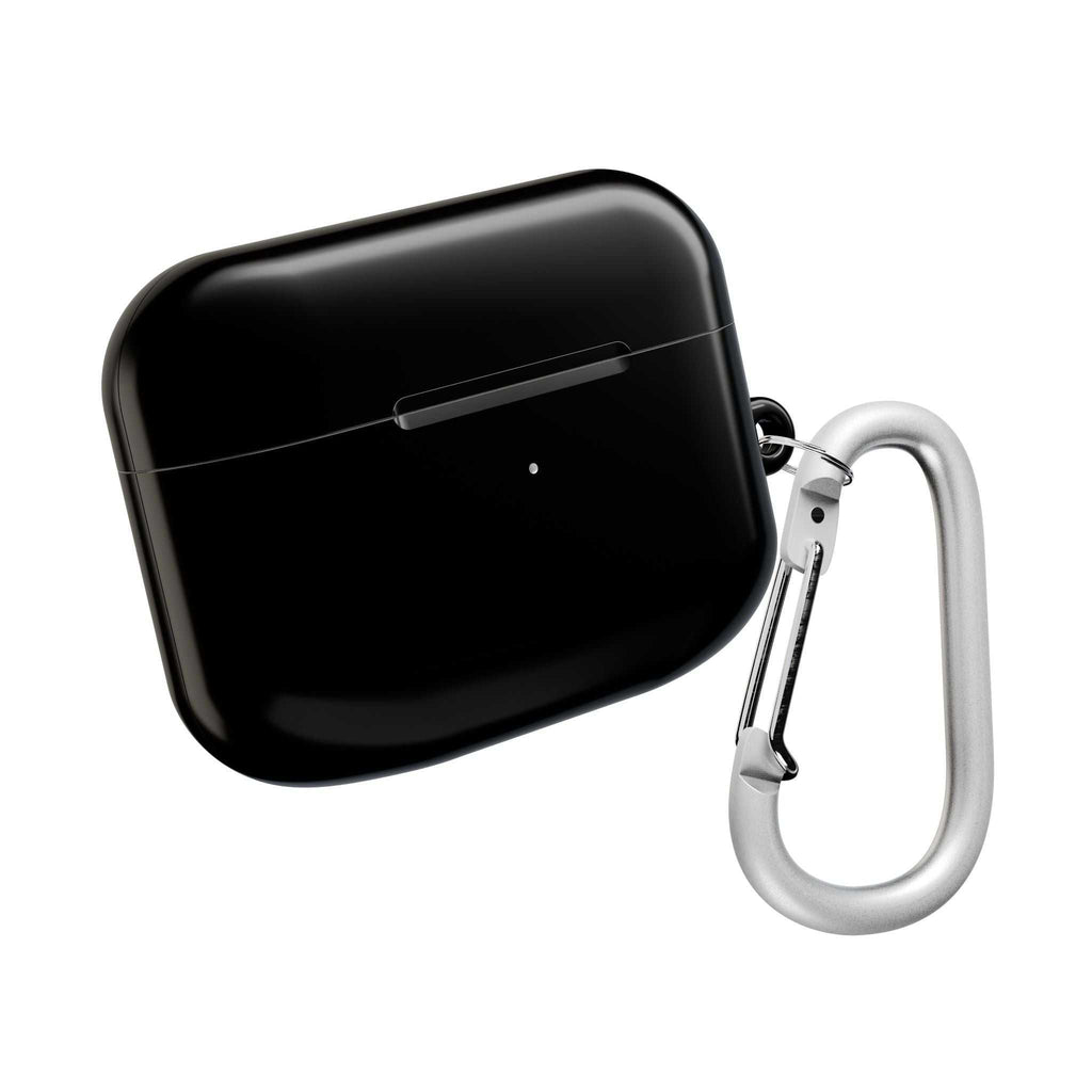 Black AirPods/Pro protective hard shell case with glossy finish and attached carabiner clip