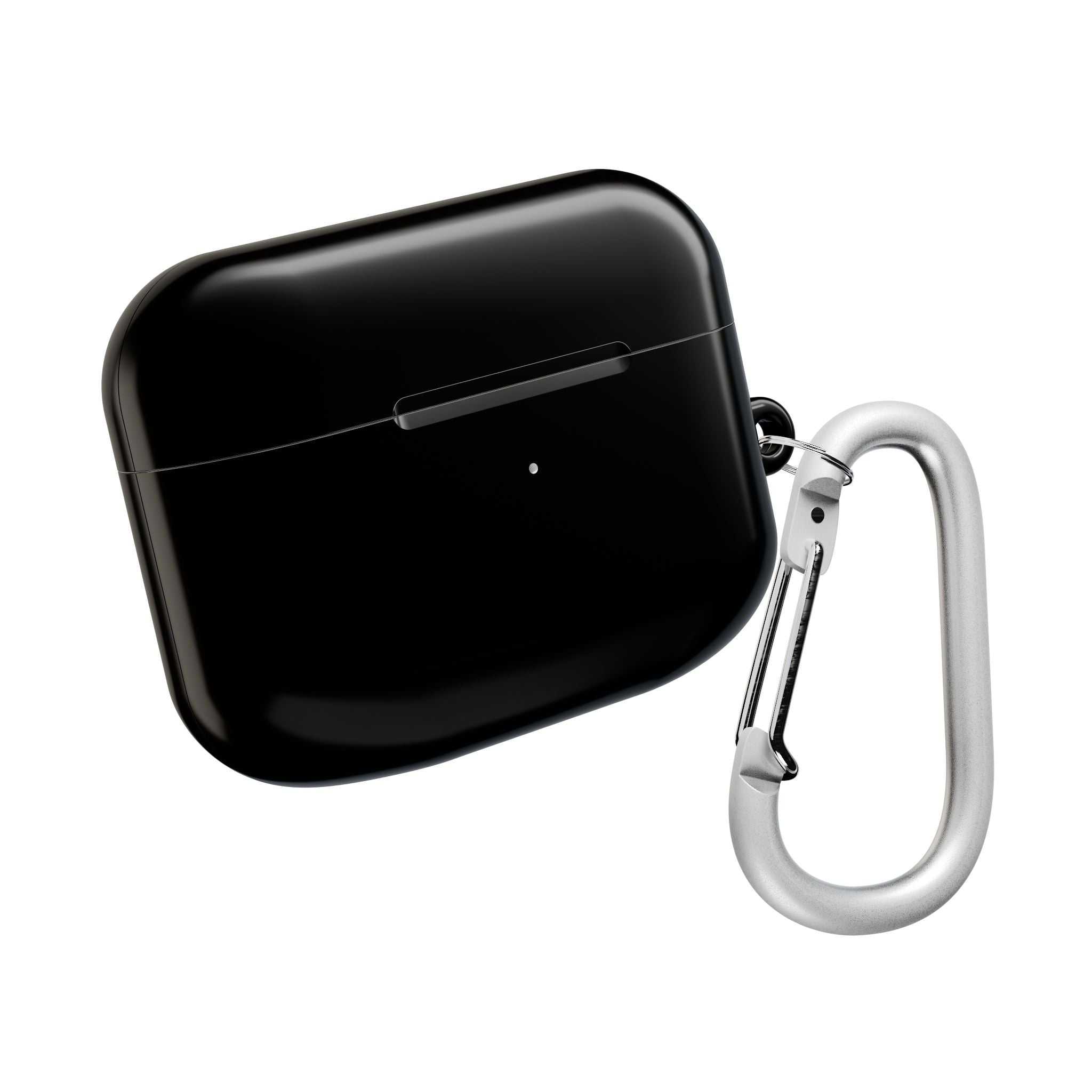 Black AirPods/Pro protective hard shell case with glossy finish and attached carabiner clip