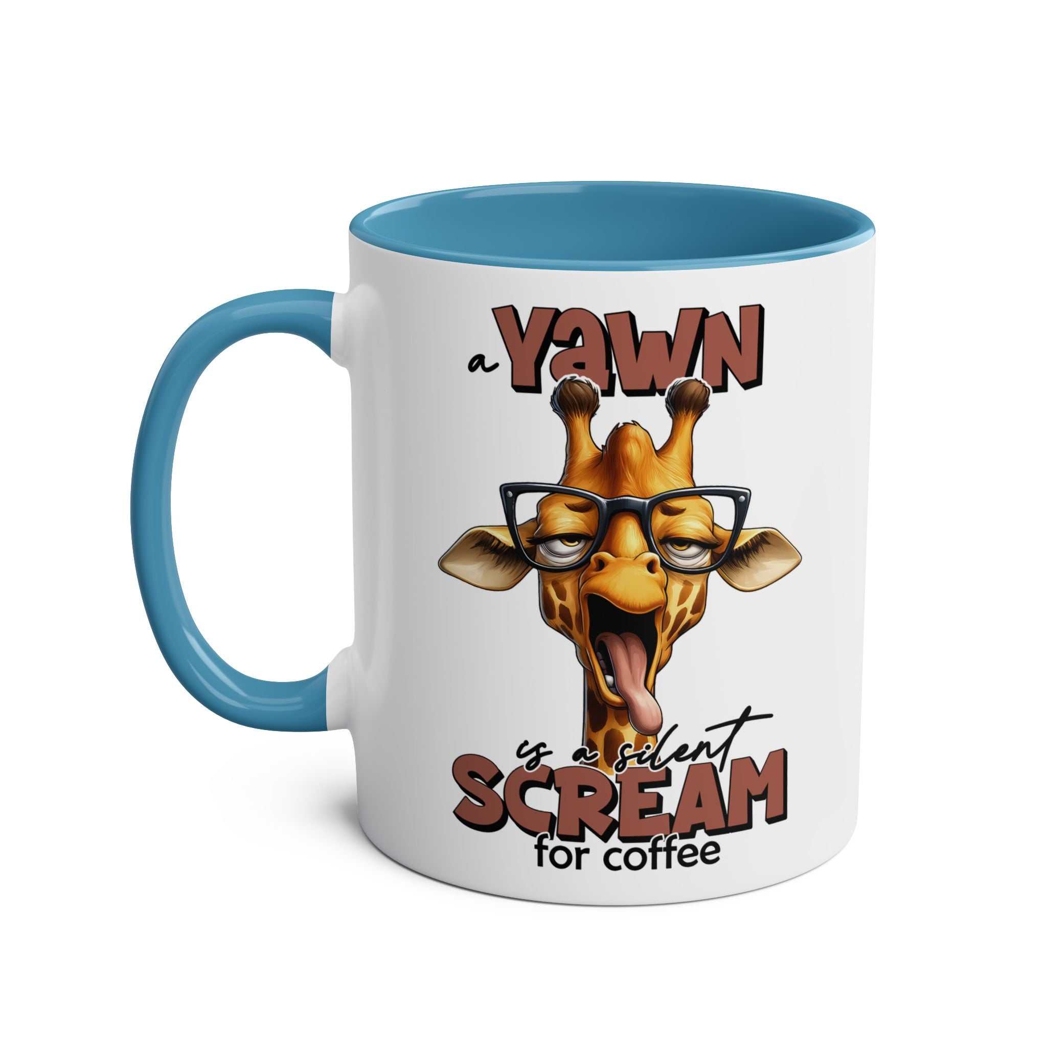 Quirky giraffe design on Yawn Coffee Mug with blue interior, featuring "A yawn is a silent scream for coffee" text.