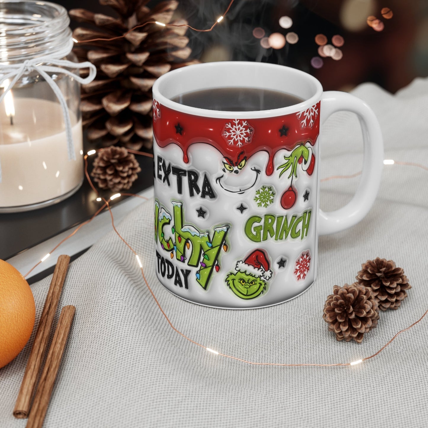 Grinchy Christmas Mug with festive design, sublimation print, glossy finish, 11oz ceramic, microwave and dishwasher safe.