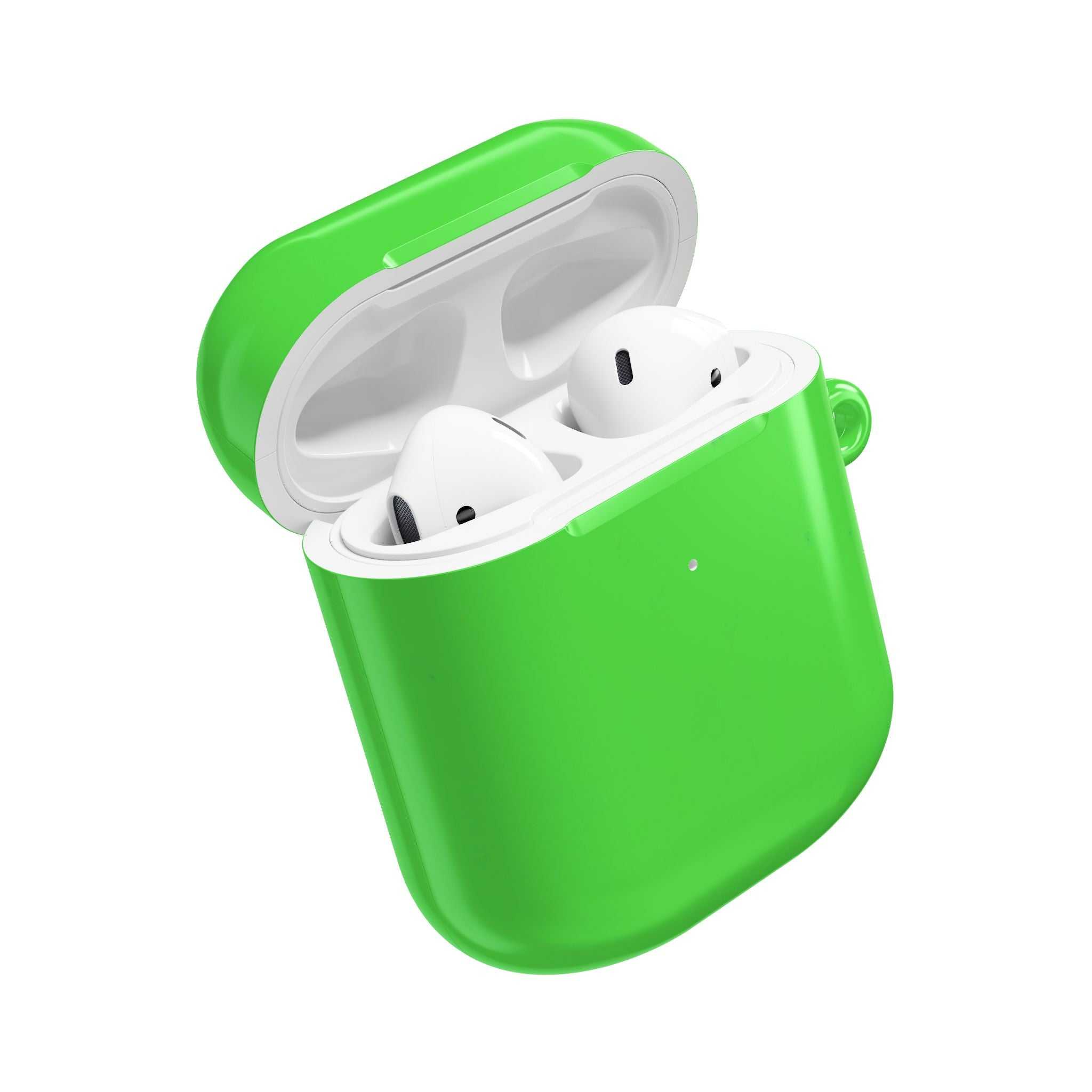 Lime green hard shell AirPods protective case with glossy finish and wireless charging compatibility