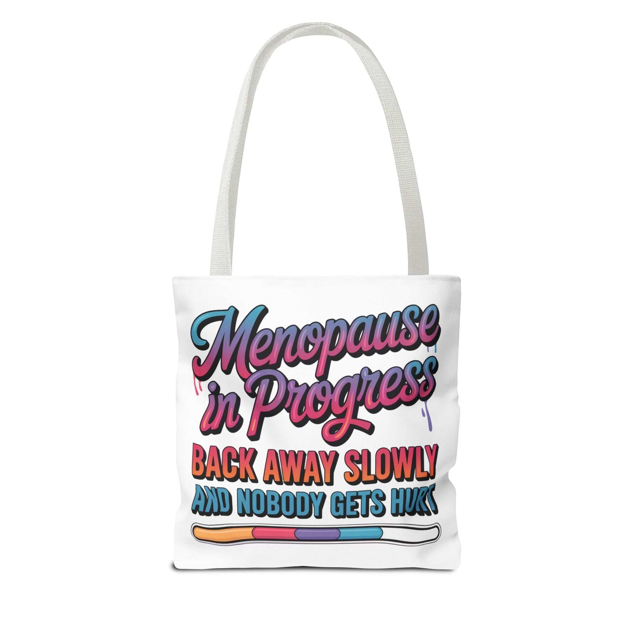 Menopause in Progress tote bag with cheeky design, durable polyester, multiple sizes and handle colors