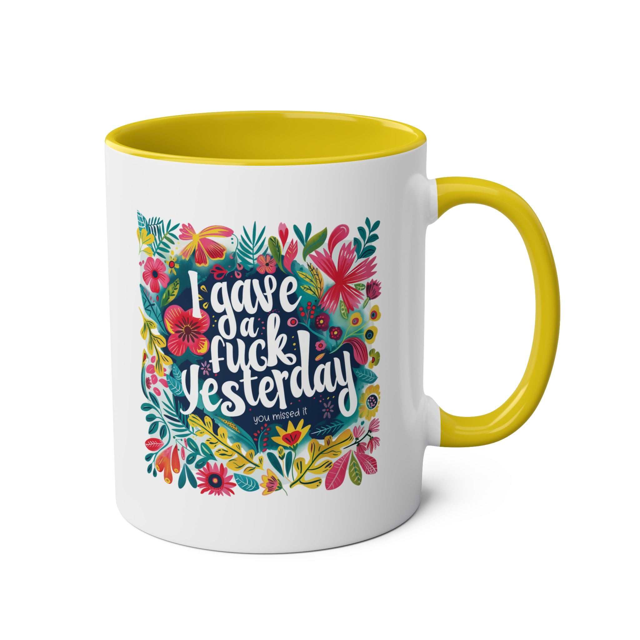 I Gave a Fuck Coffee Mug with colorful floral design and yellow handle.