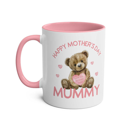 Cute Bear Mother's Day gift mug with pink handle and interior, featuring a teddy bear design for mom.