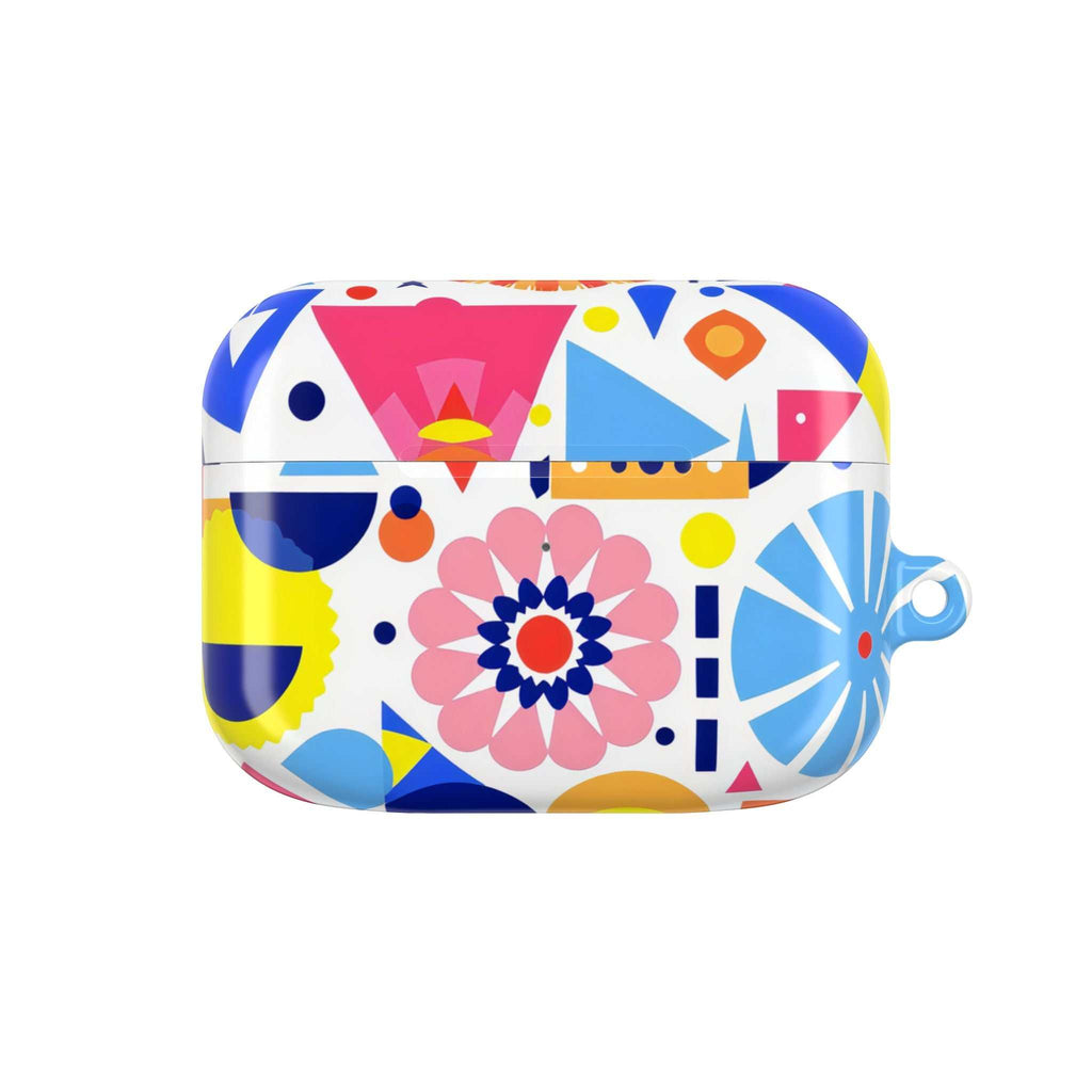 Bright geometric print AirPods protective case with colorful floral and abstract shapes design