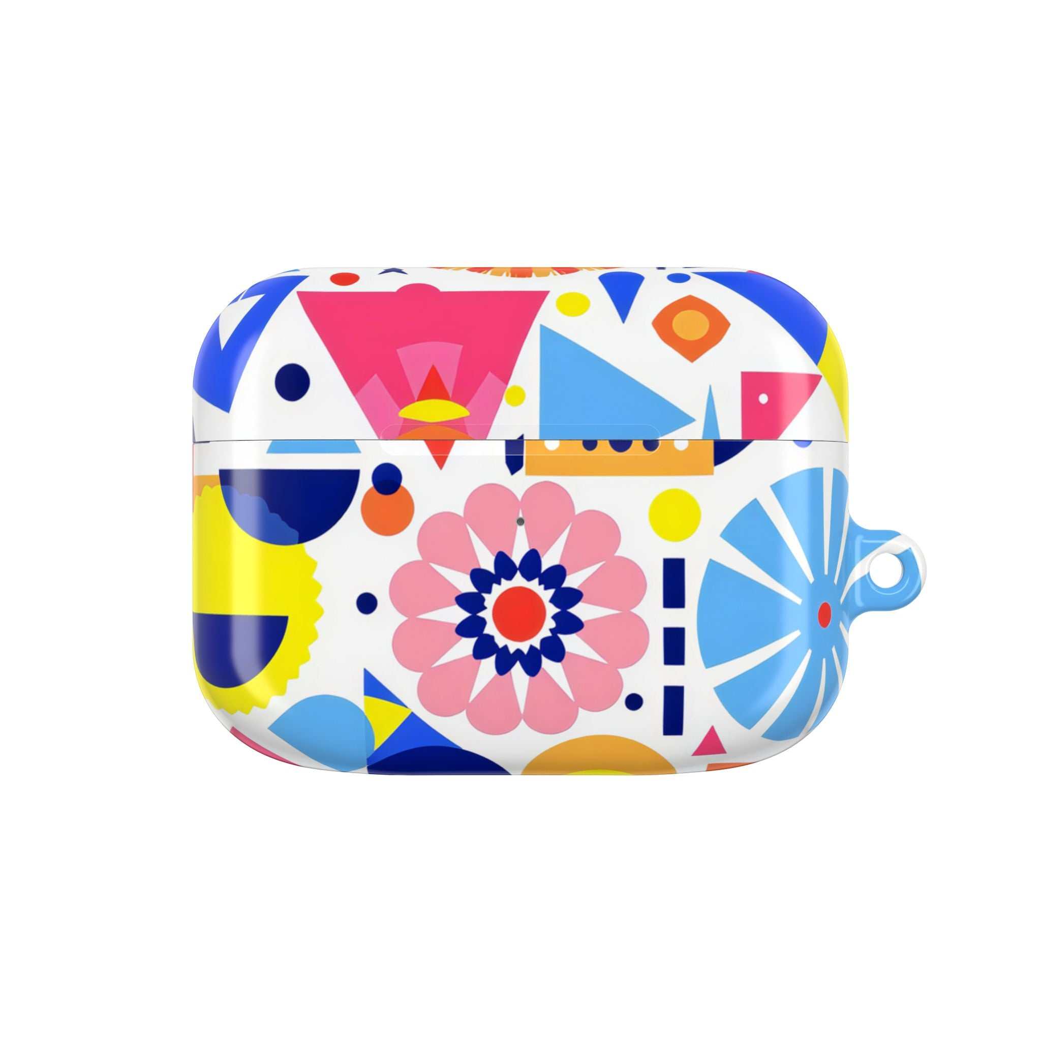 Bright geometric print AirPods protective case with colorful floral and abstract shapes design