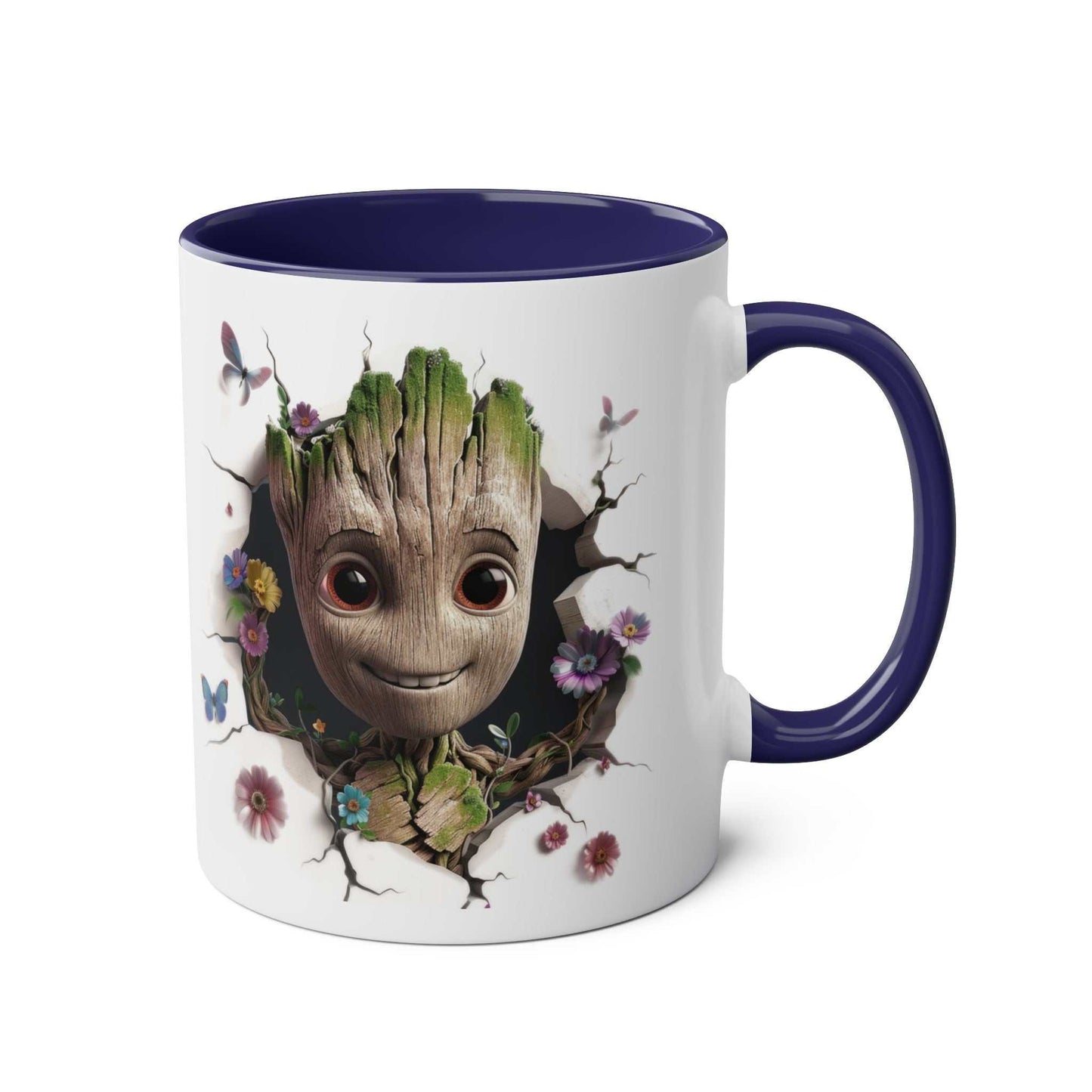 Baby Groot inspired coffee mug with vibrant design, 11oz ceramic, glossy finish, available in 7 colors.