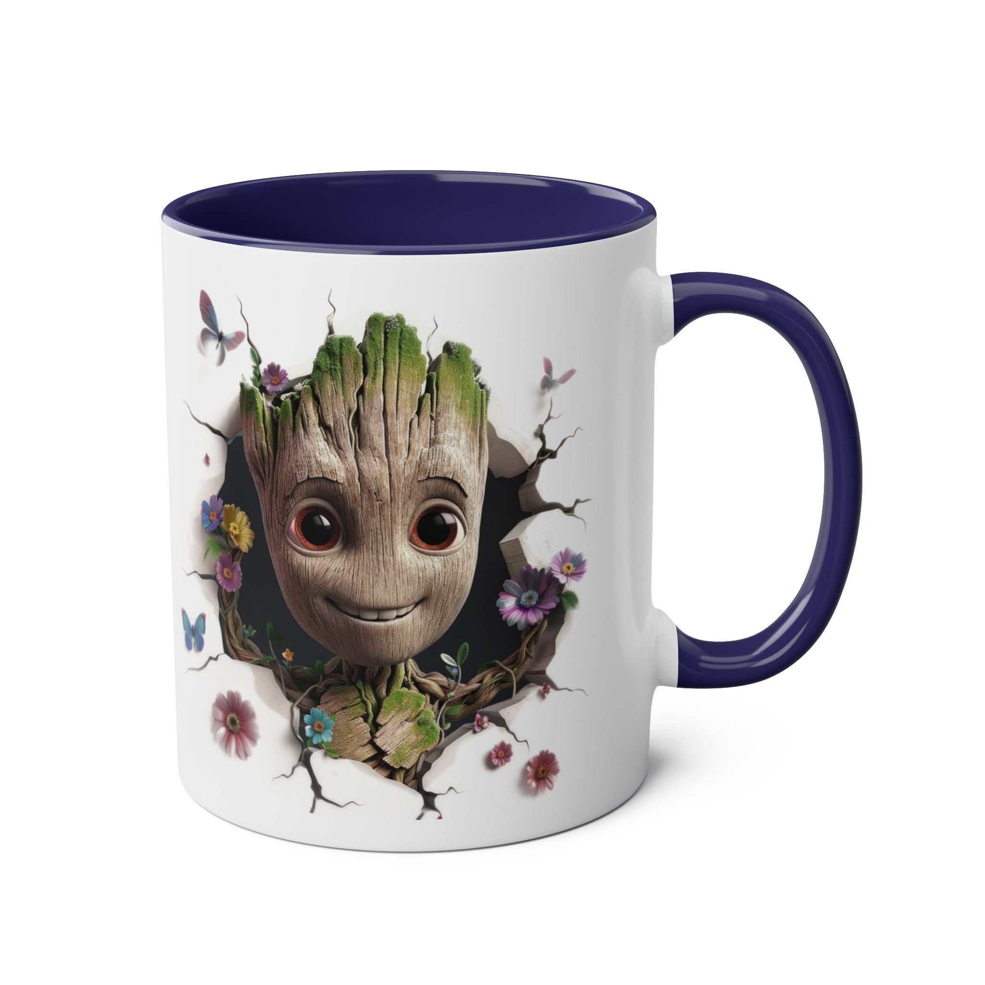 Baby Groot inspired coffee mug with vibrant design, 11oz ceramic, glossy finish, available in 7 colors.